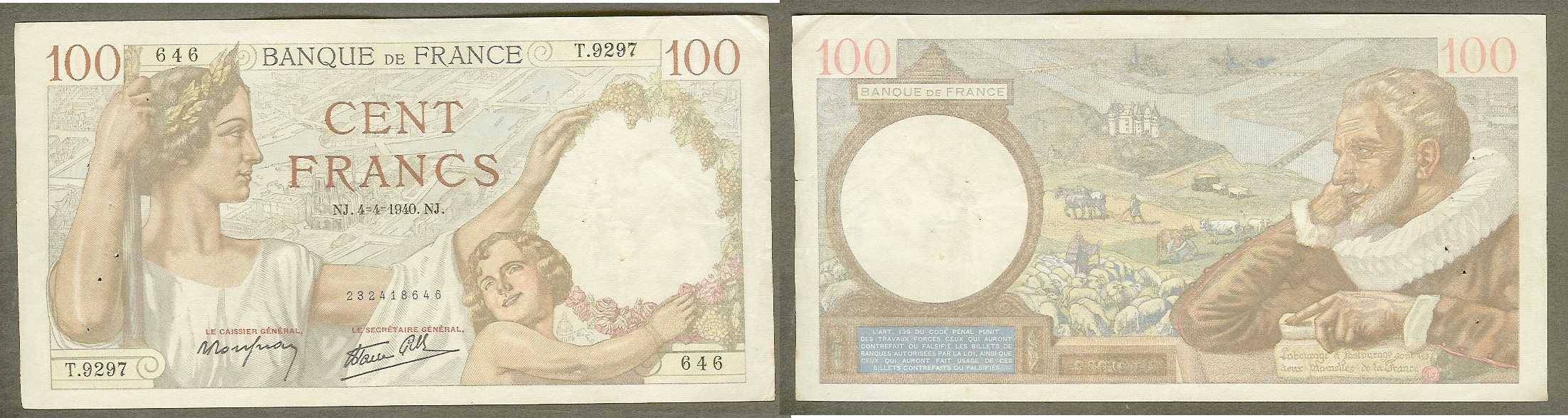 100 FRANCS SULLY 4.4.1940 SUP-